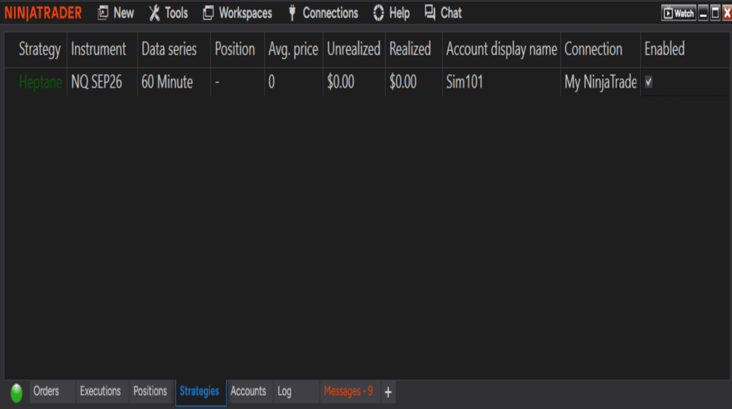 Heptane enabled in the NinjaTrader Control Center. P&L and account columns are masked.