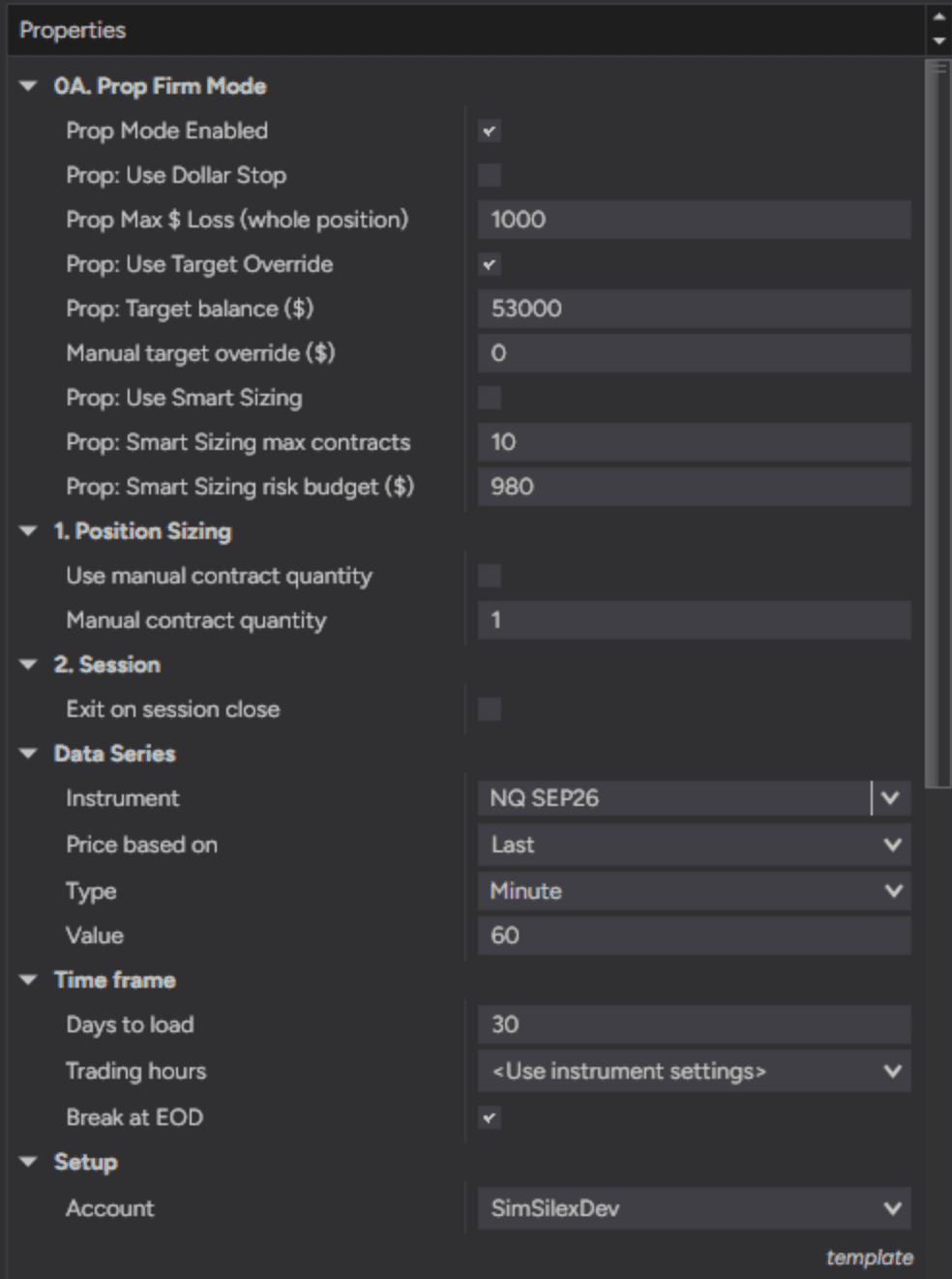 The settings Heptane exposes, in the NinjaTrader strategy properties panel.